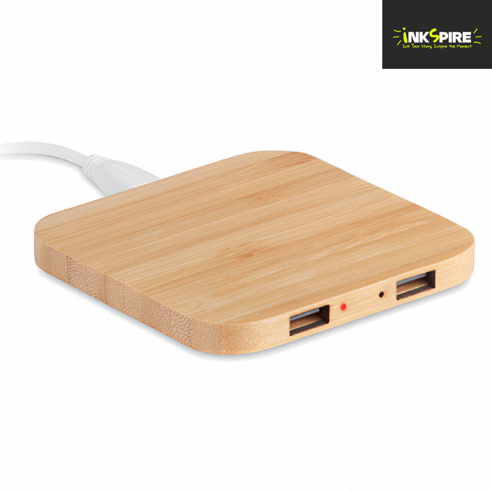 Bamboo Wireless Charging Pad with Dual USB Hub