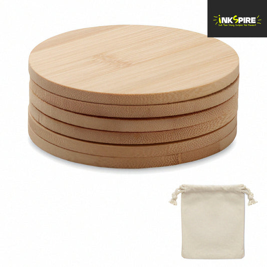 Bamboo Coasters with Cotton Storage Bag - Round